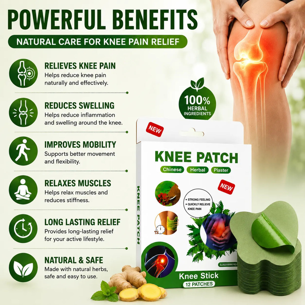 (20 Patches) Knee Patch Pain Relief Heat Patches – Herbal Knee Patches for Muscle & Joint Comfort