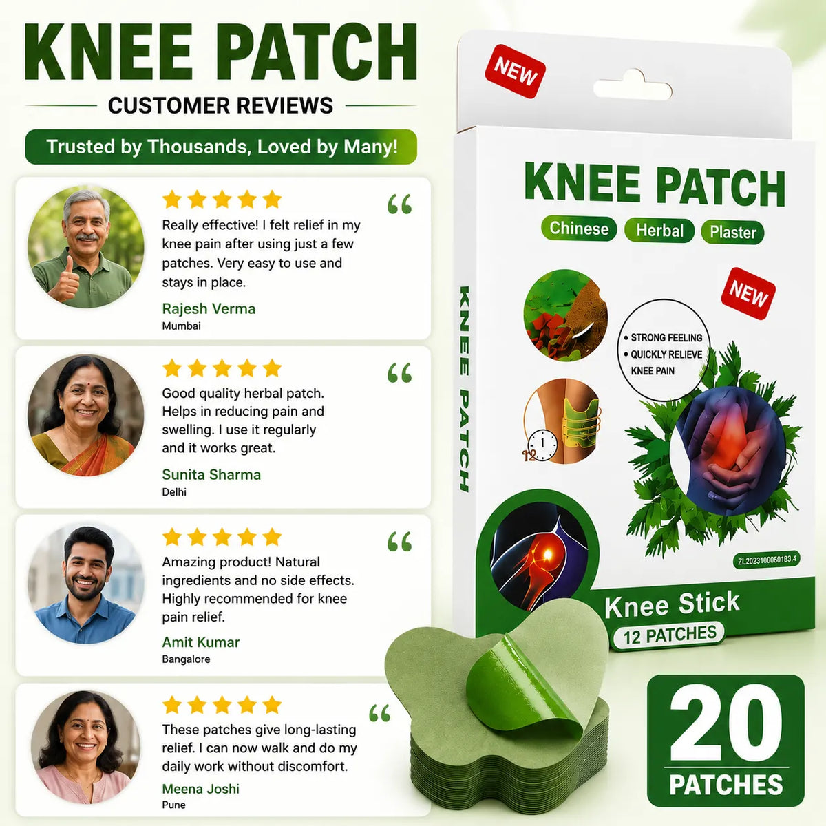 (20 Patches) Knee Patch Pain Relief Heat Patches – Herbal Knee Patches for Muscle & Joint Comfort