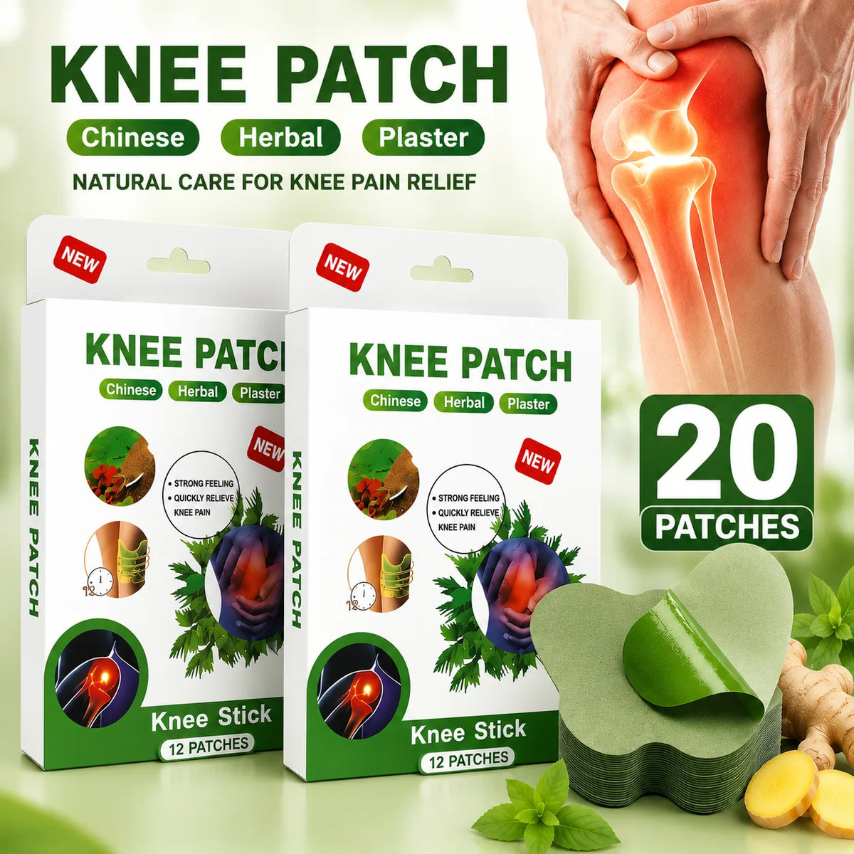(20 Patches) Knee Patch Pain Relief Heat Patches – Herbal Knee Patches for Muscle & Joint Comfort