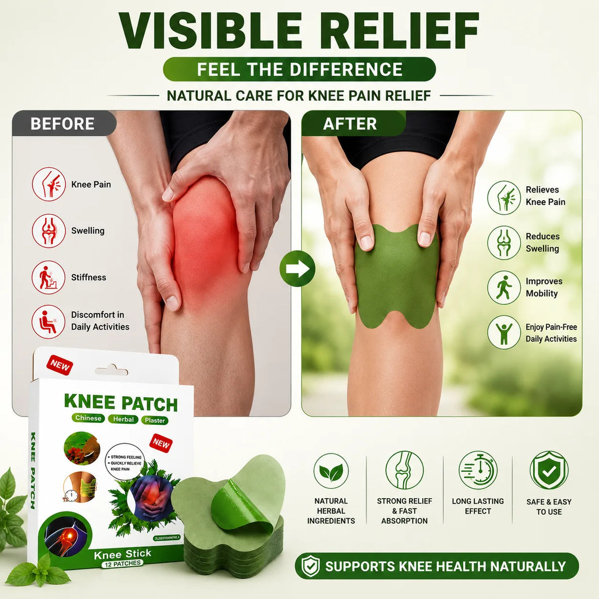 (20 Patches) Knee Patch Pain Relief Heat Patches – Herbal Knee Patches for Muscle & Joint Comfort