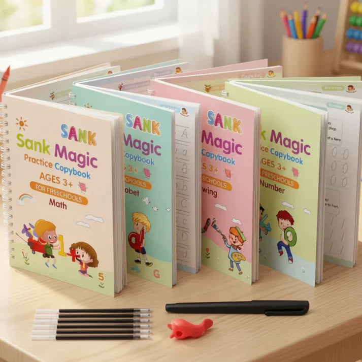 Sank Magic Practice Copybook, (4 BOOK + 10 REFILL+ 1 Pen +1 Grip) Number Tracing Book for Preschoolers with Pen, Magic Calligraphy Copybook Set