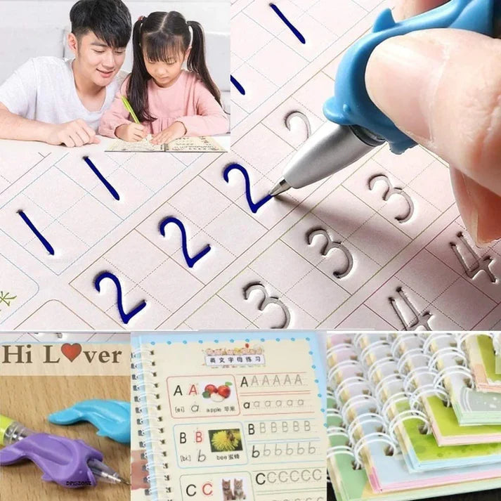Sank Magic Practice Copybook, (4 BOOK + 10 REFILL+ 1 Pen +1 Grip) Number Tracing Book for Preschoolers with Pen, Magic Calligraphy Copybook Set