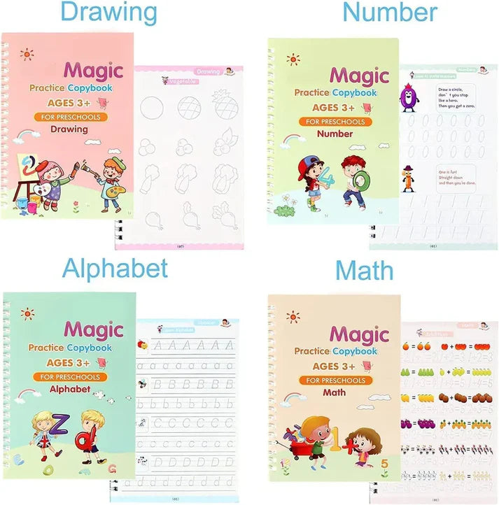 Sank Magic Practice Copybook, (4 BOOK + 10 REFILL+ 1 Pen +1 Grip) Number Tracing Book for Preschoolers with Pen, Magic Calligraphy Copybook Set